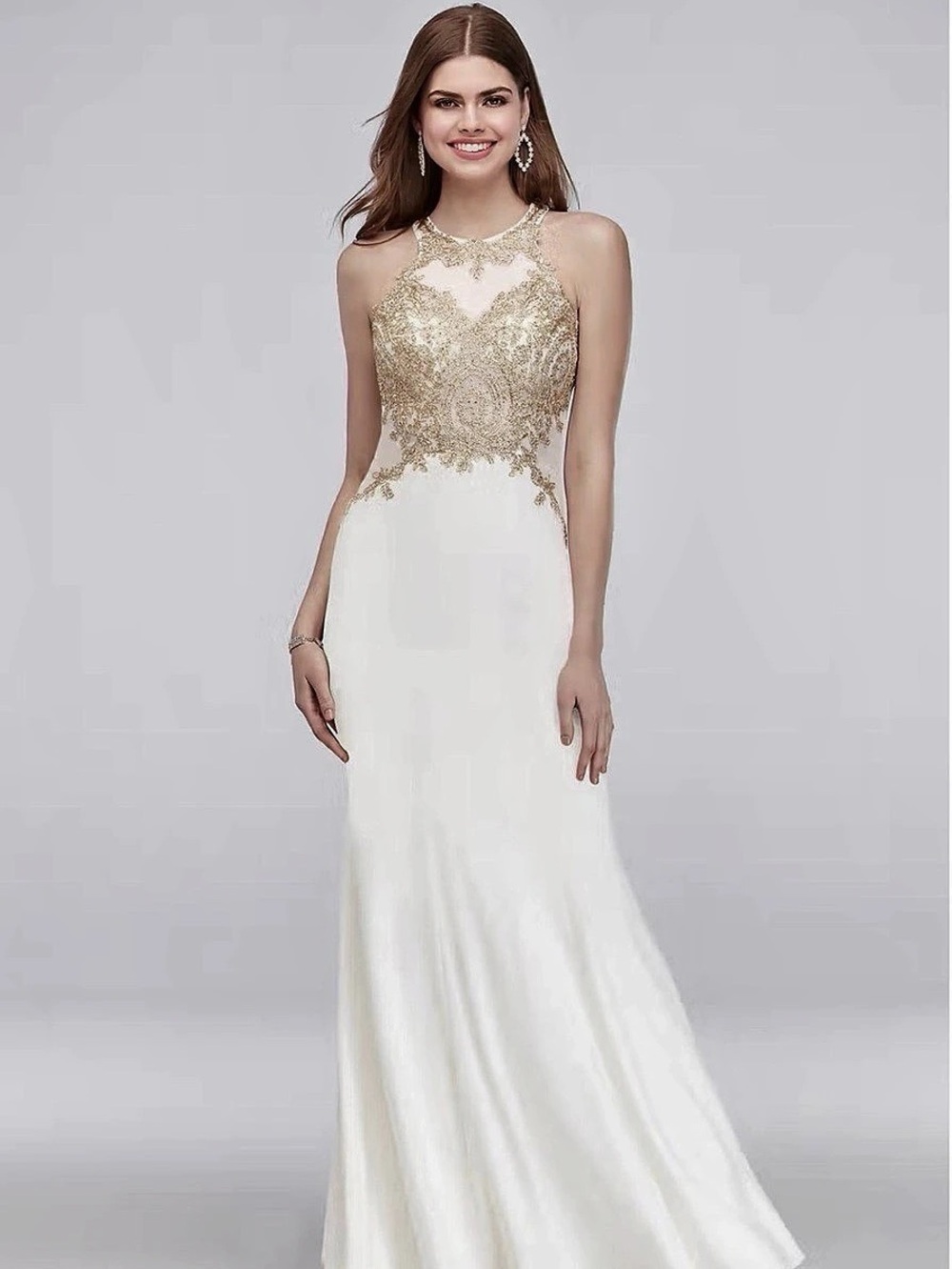 Xscape XS8606 Gold Embellished Maxi Dress Size 6 NWT